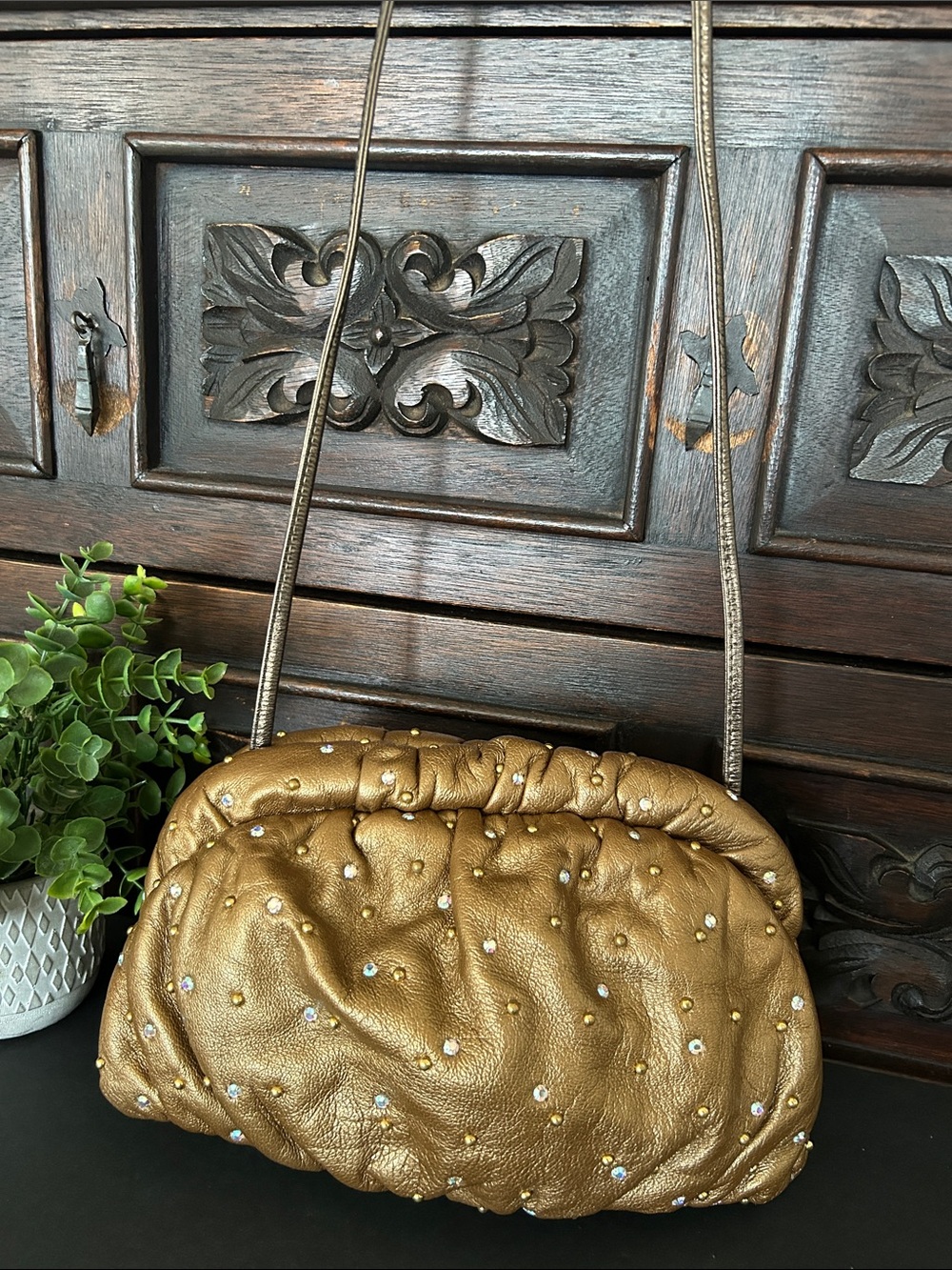 Gold Studded Leather Shoulder Clutch - Women
